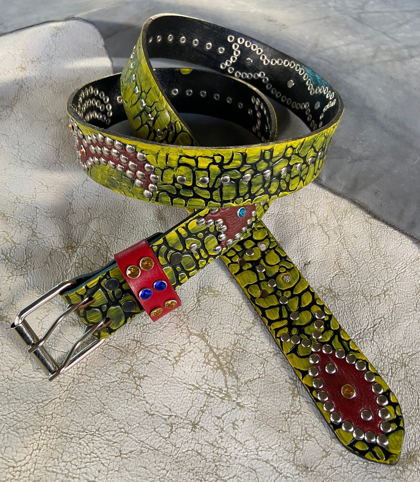 Elephant black + yellow Embossed Origins Belt (distressed red)