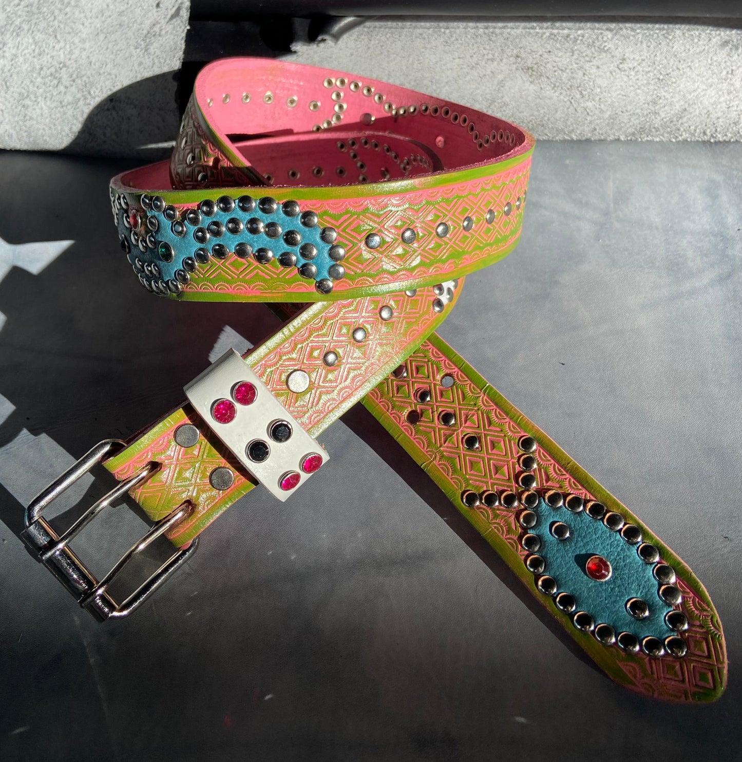 Traditional pink + Olive Green Embossed Origins Belt (white/sky blue)