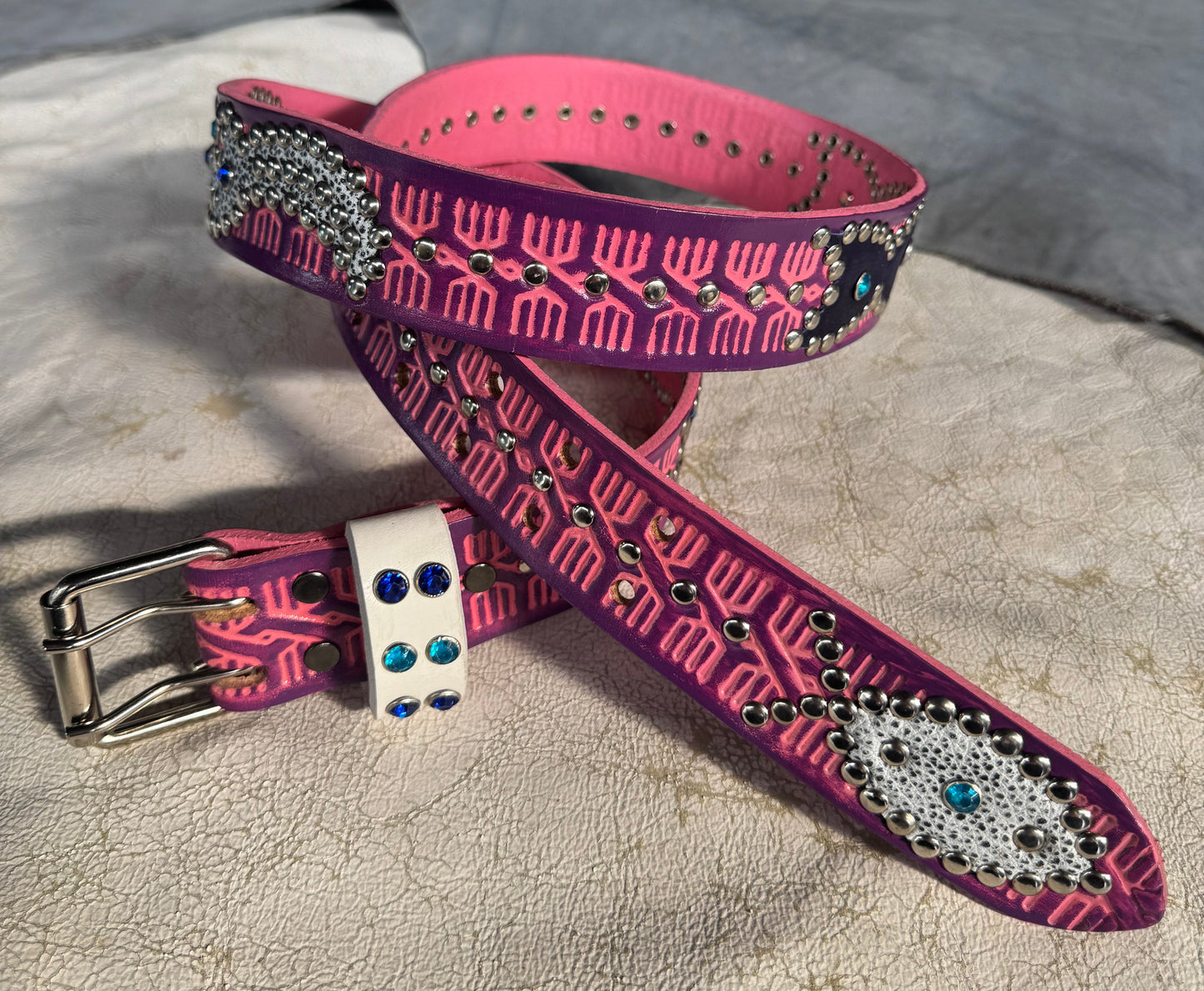 Traditional pink + purple Embossed Origins Belt (dark purple/distressed white)