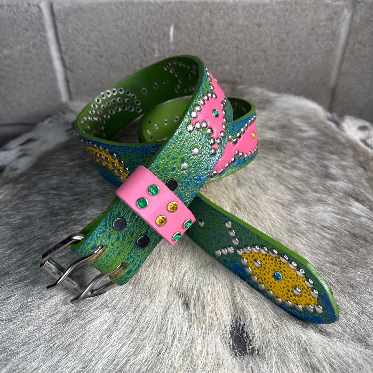 Ostrich Green + Blue Embossed Origins Belt (pink/yellow)