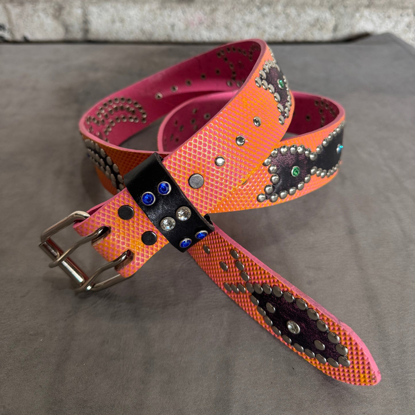 Traditional Pink + yellow Embossed Origins Belt (pink/black distressed)