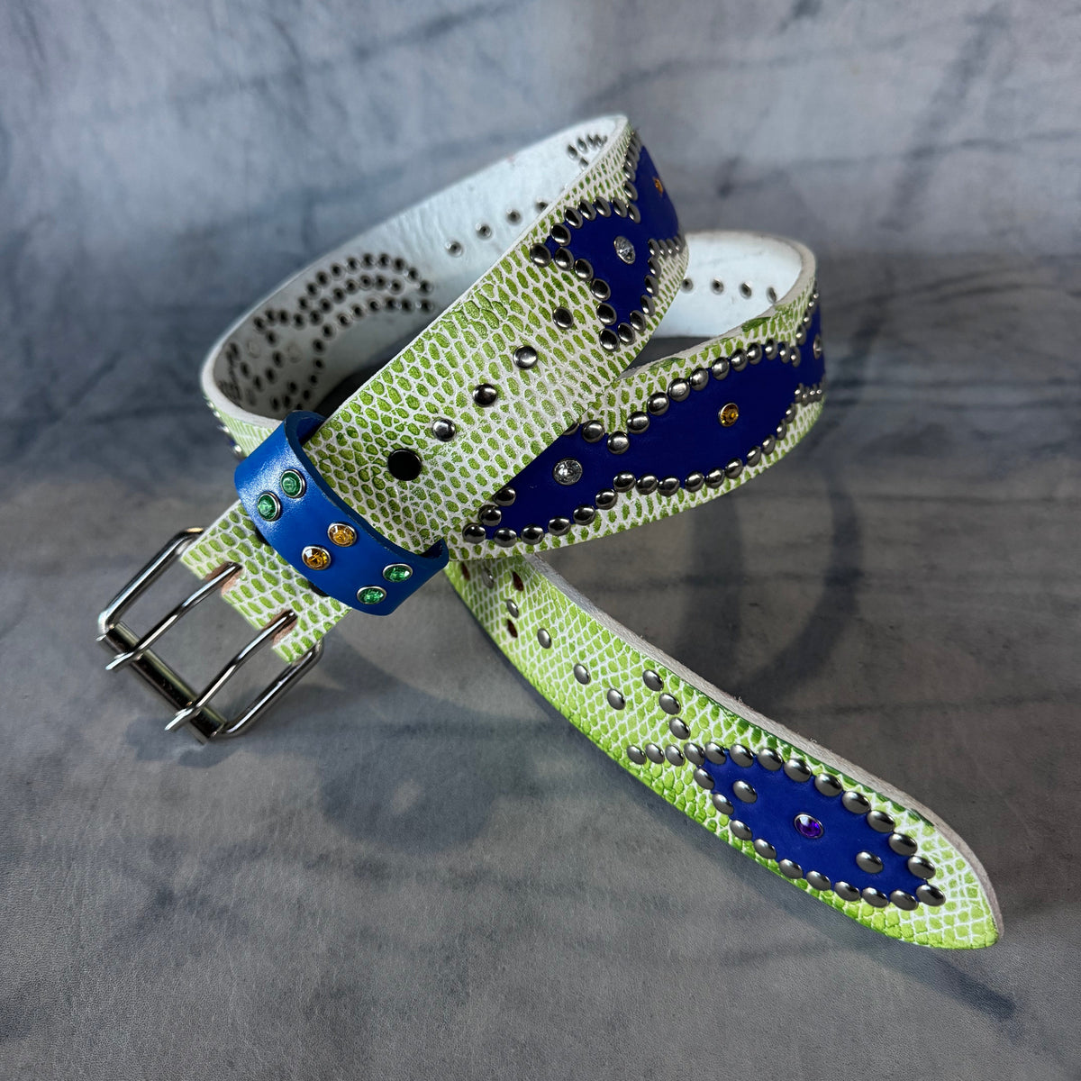 Python white + like green Embossed Origins Belt (blue)