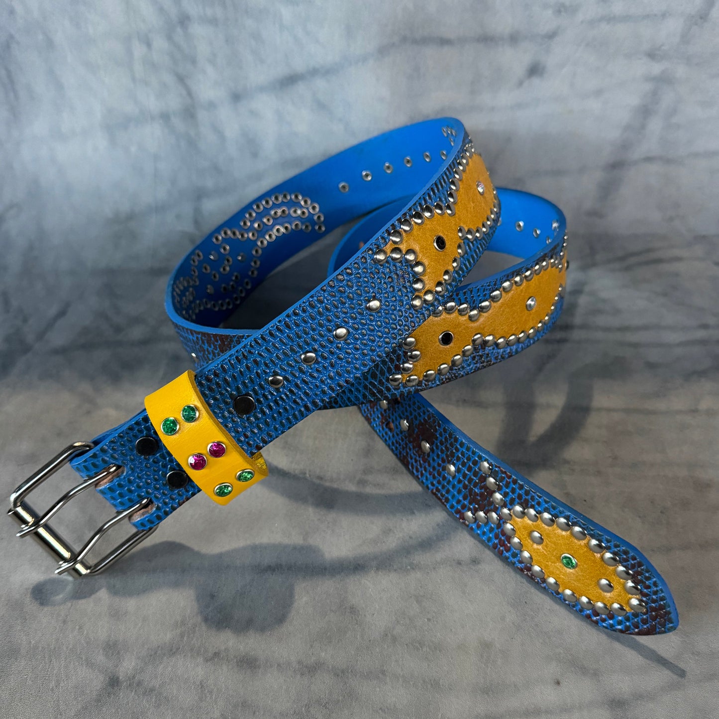 Python blue + burgundy Embossed Origins Belt (waxed yellow)