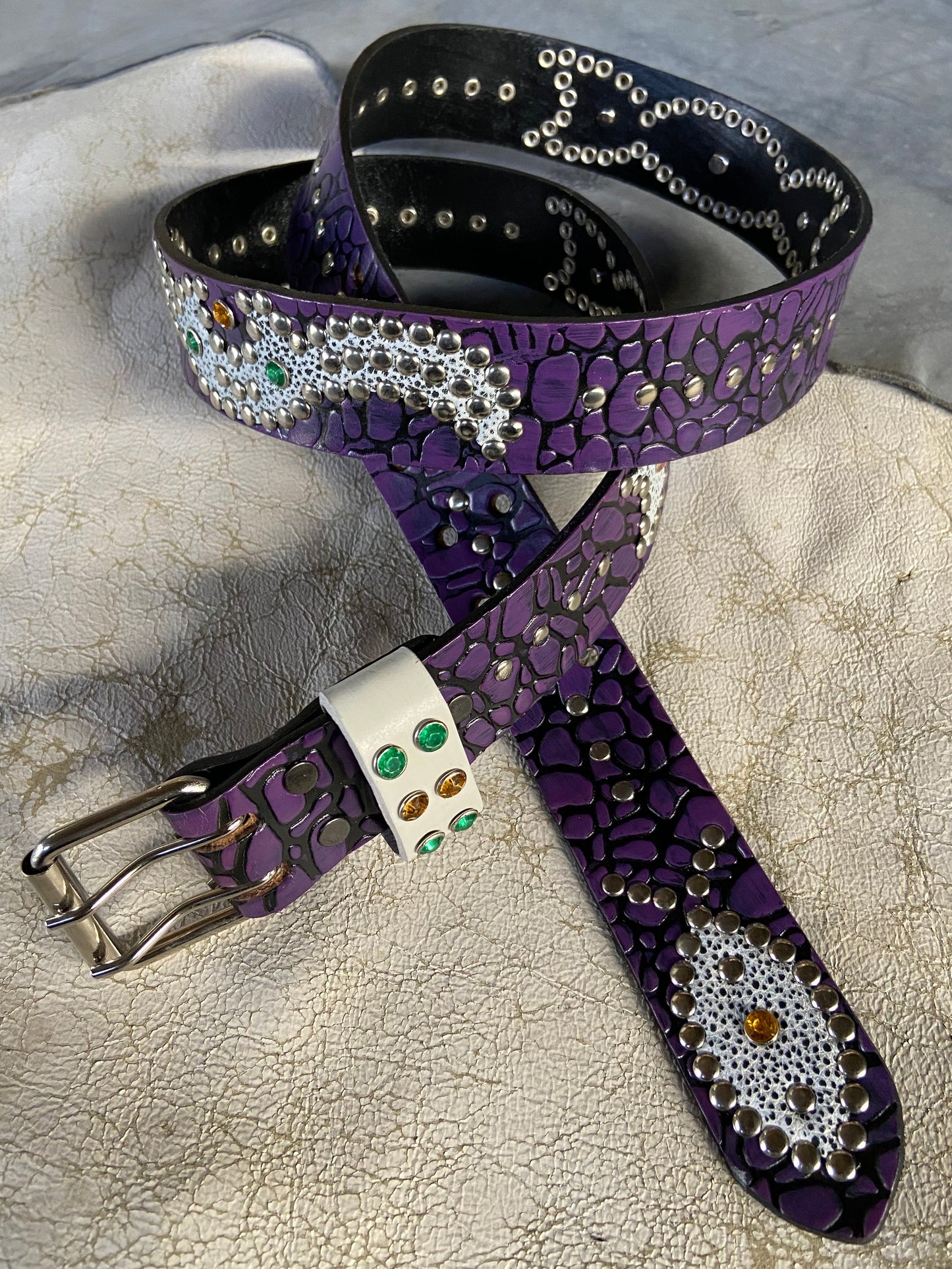 Elephant Black + Purple Embossed Origins Belt (distressed white)