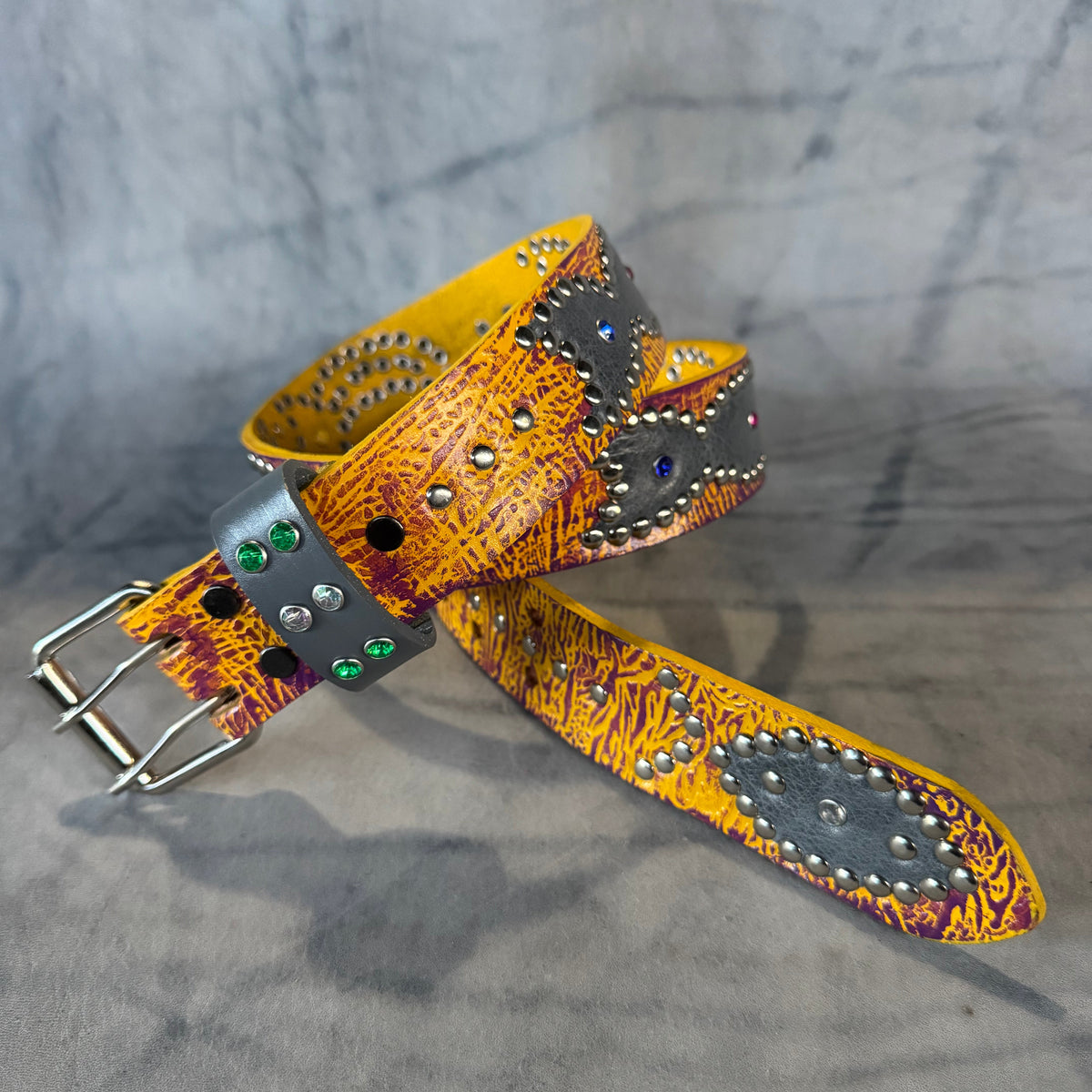 Reptile yellow + purple Embossed Origins Belt (waxed grey)