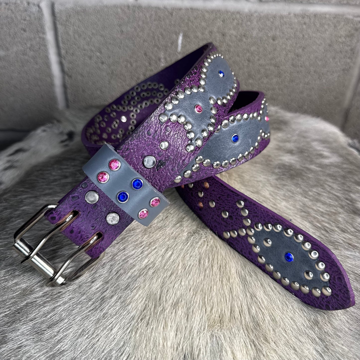 Ostrich Purple + Black Embossed Origins Belt (waxed grey)