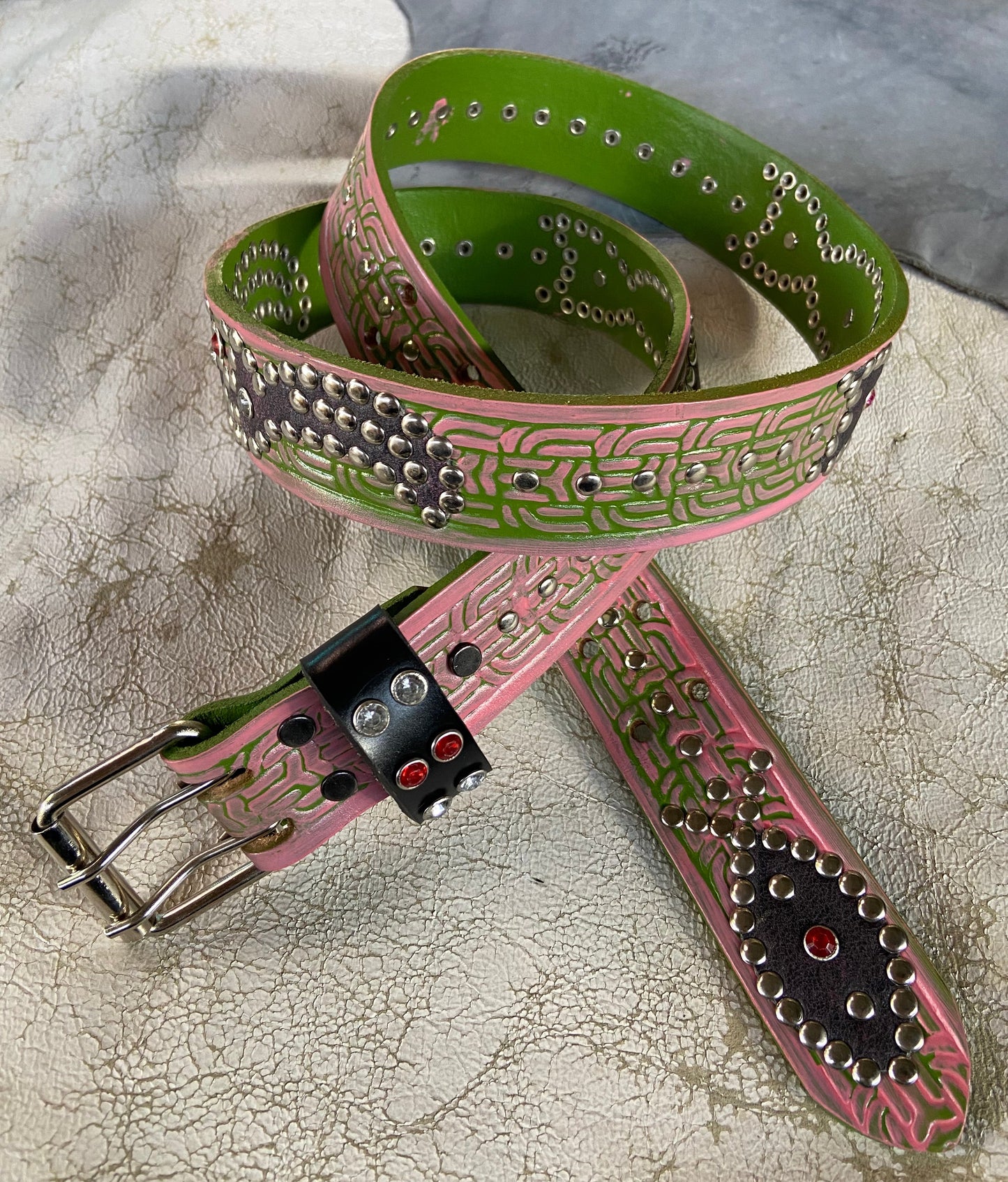 Traditional green + pink Embossed Origins Belt (distressed black/pink)