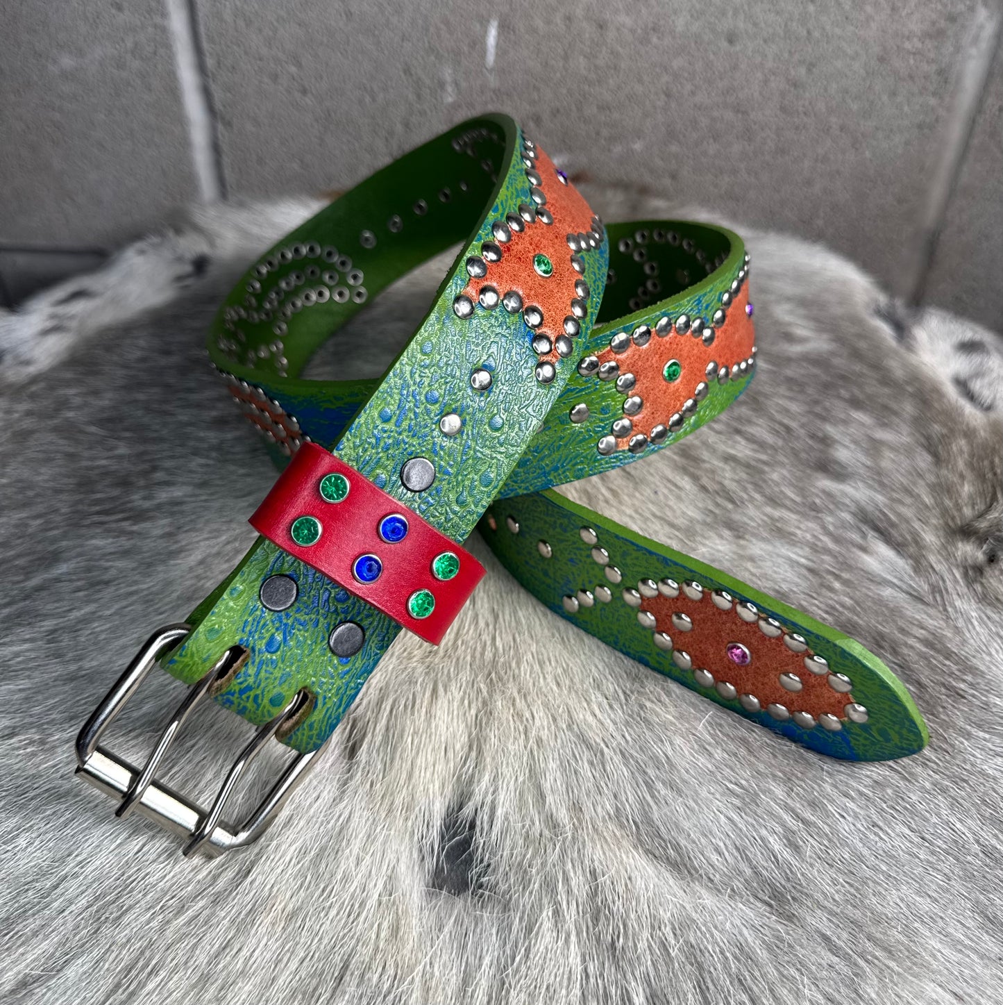 Ostrich Green + Blue Embossed Origins Belt (crystalized orange)