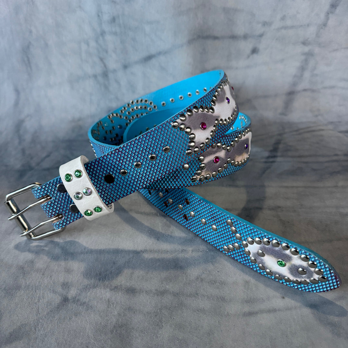 Traditional sky blue + purple Embossed Origins Belt (cheetah)