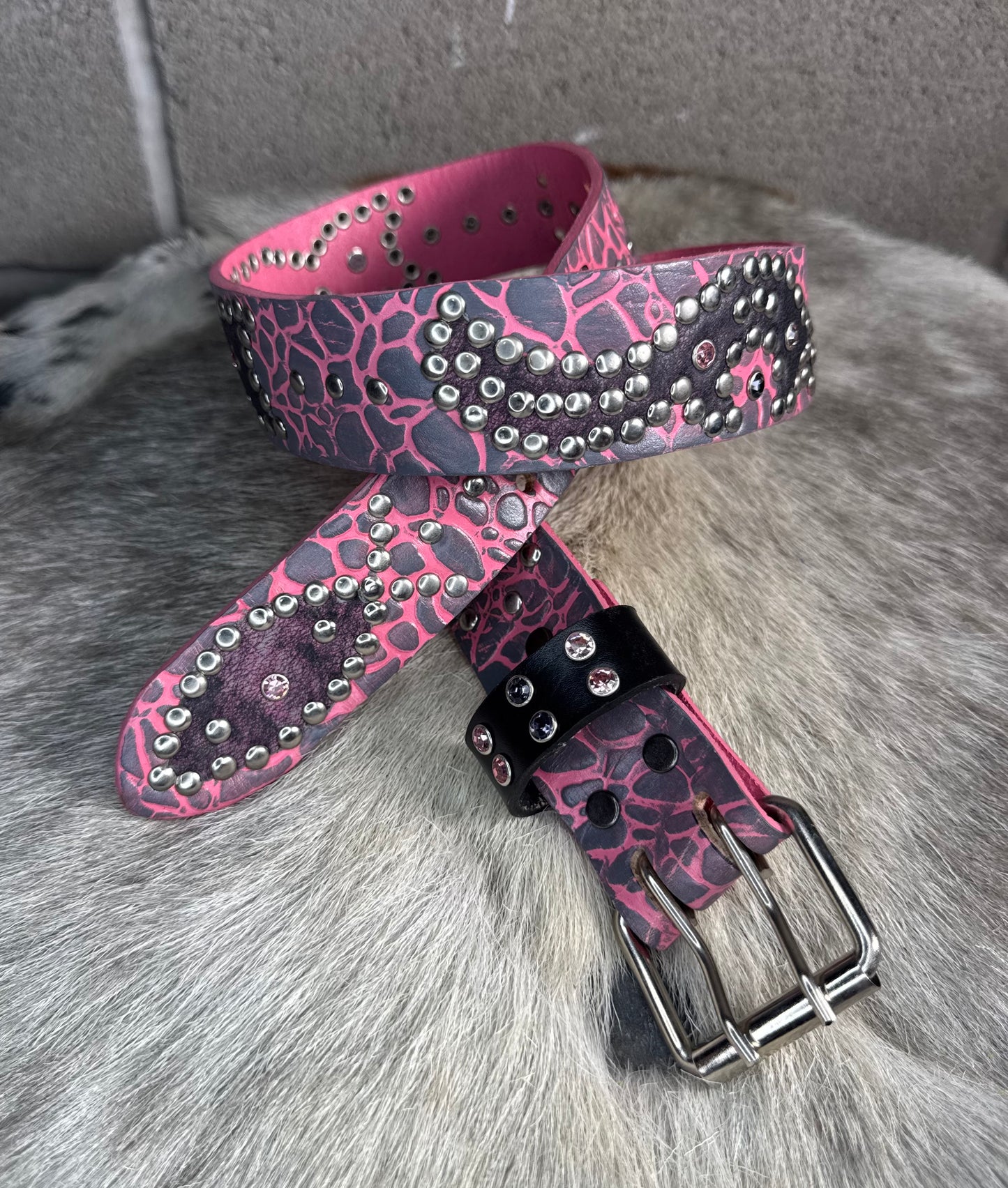 Elephant Pink + Black Embossed Origins Belt (distressed pink/black)