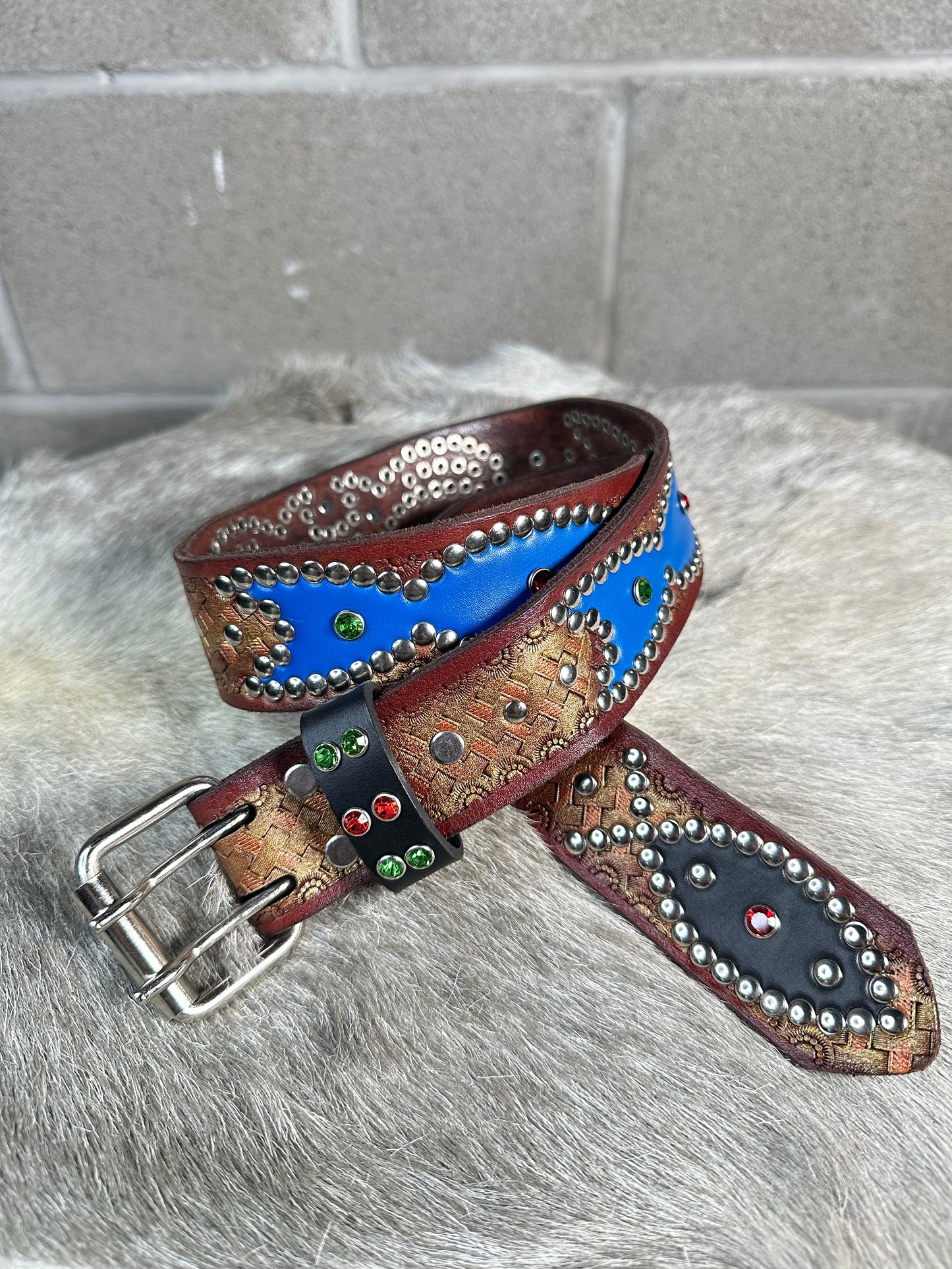 Basketweave Gold + Burgundy Origins Belt (Black and Blue)