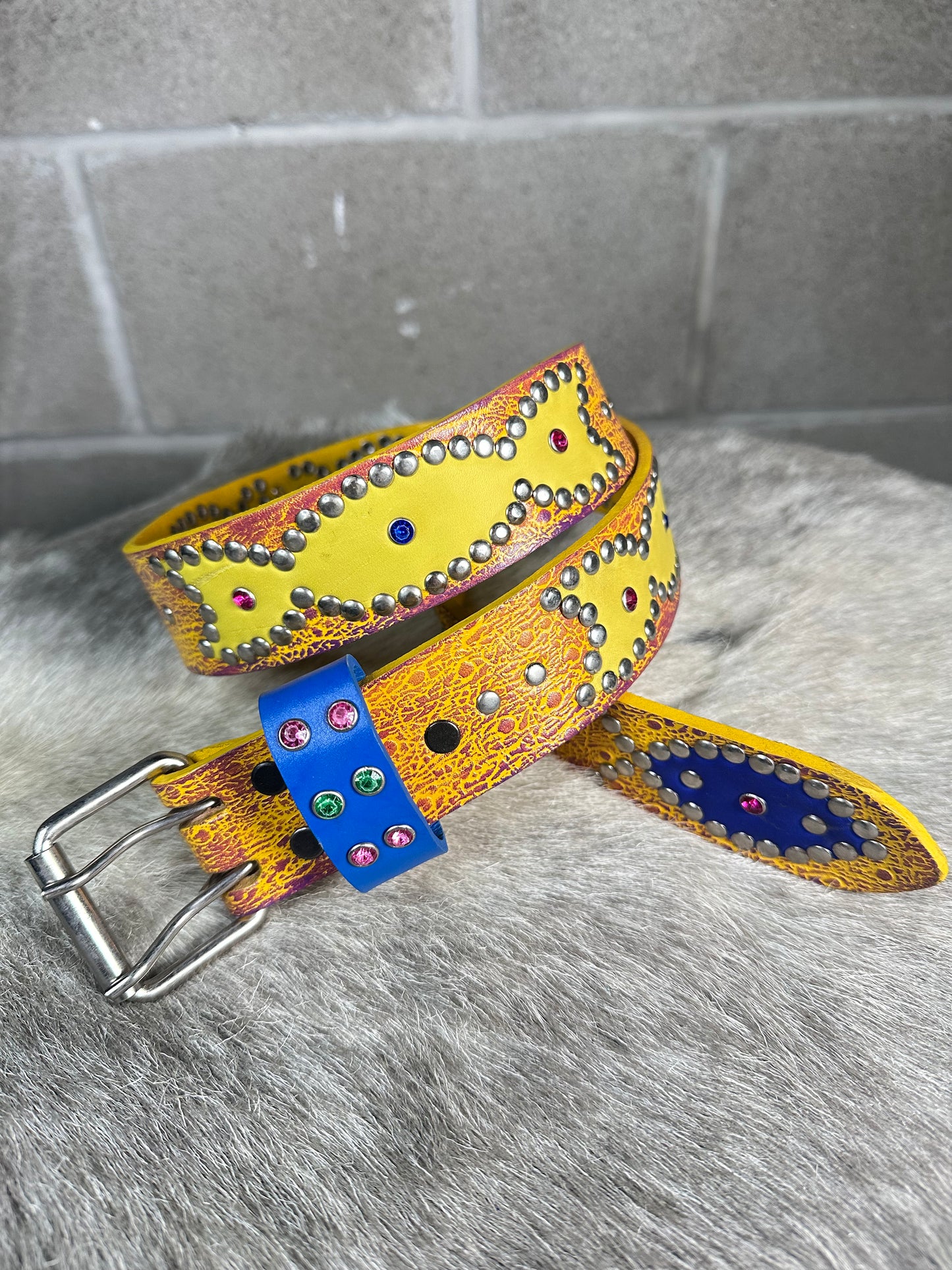 Ostrich Yellow + Purple Embossed Origins Belt (Yellow and Blue)