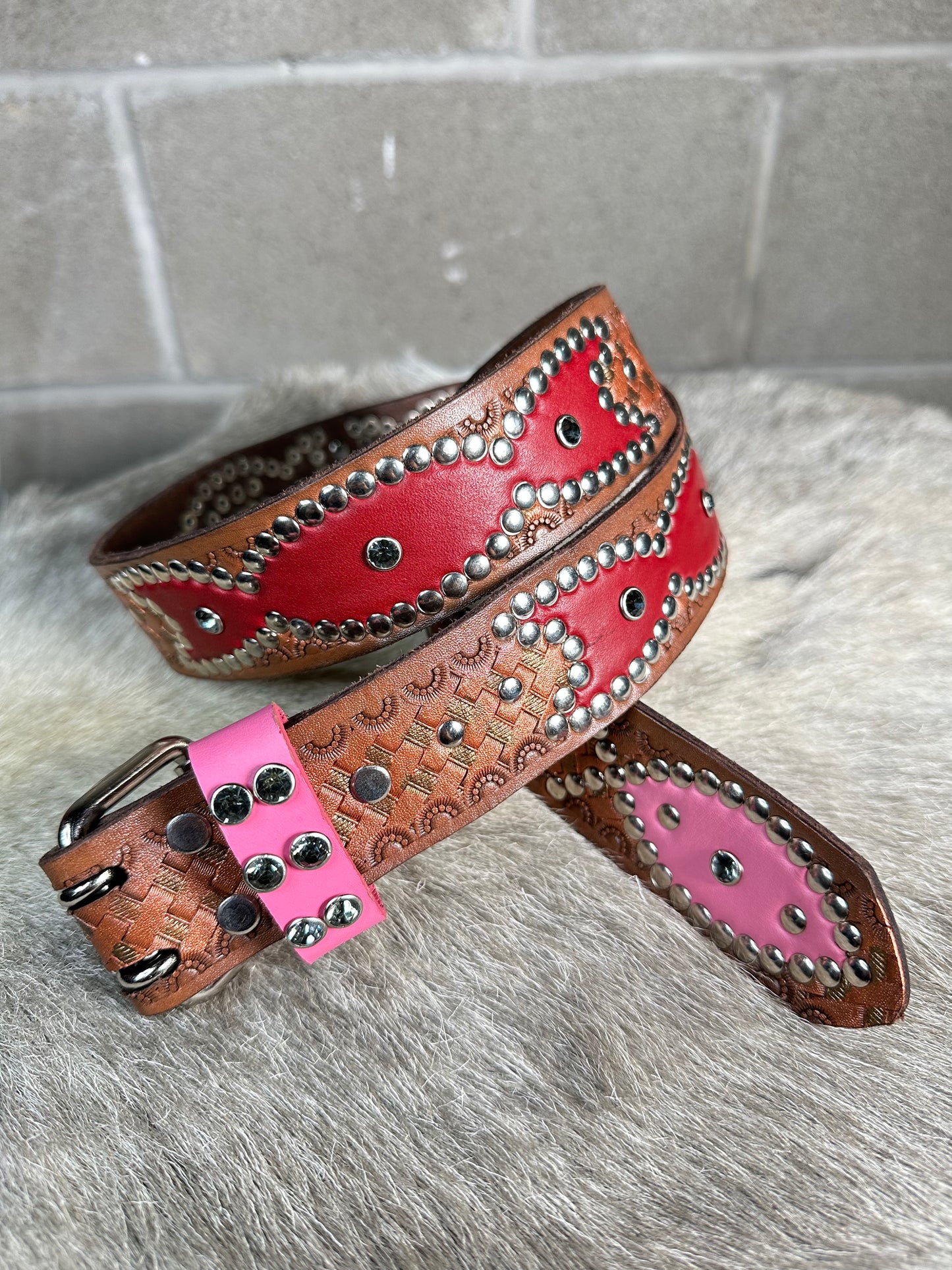 Basketweave Brown Embossed Origins Belt (Red and Pink)