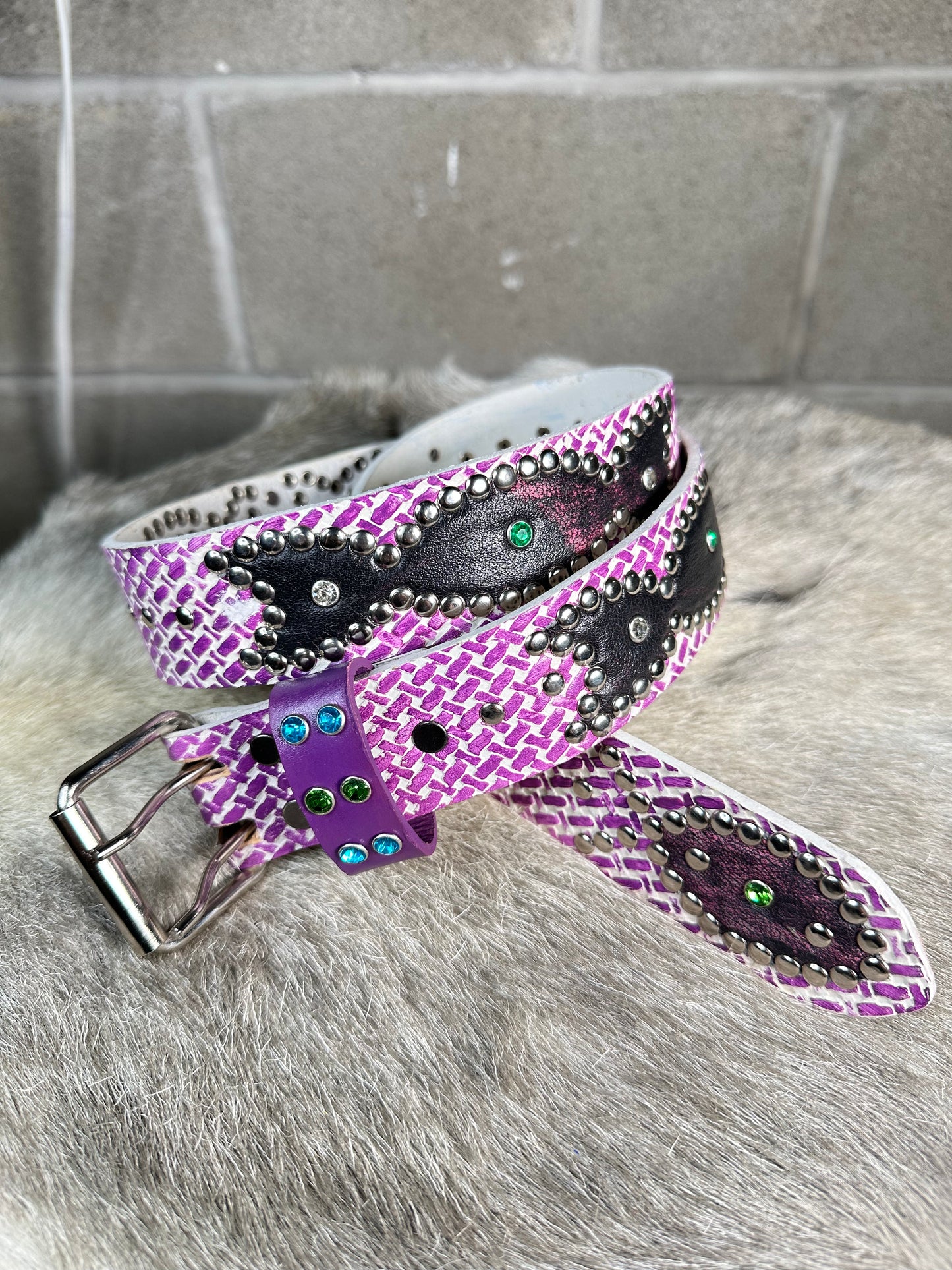 Traditional Purple + White Embossed Origins Belt (Distressed Black and Pink)