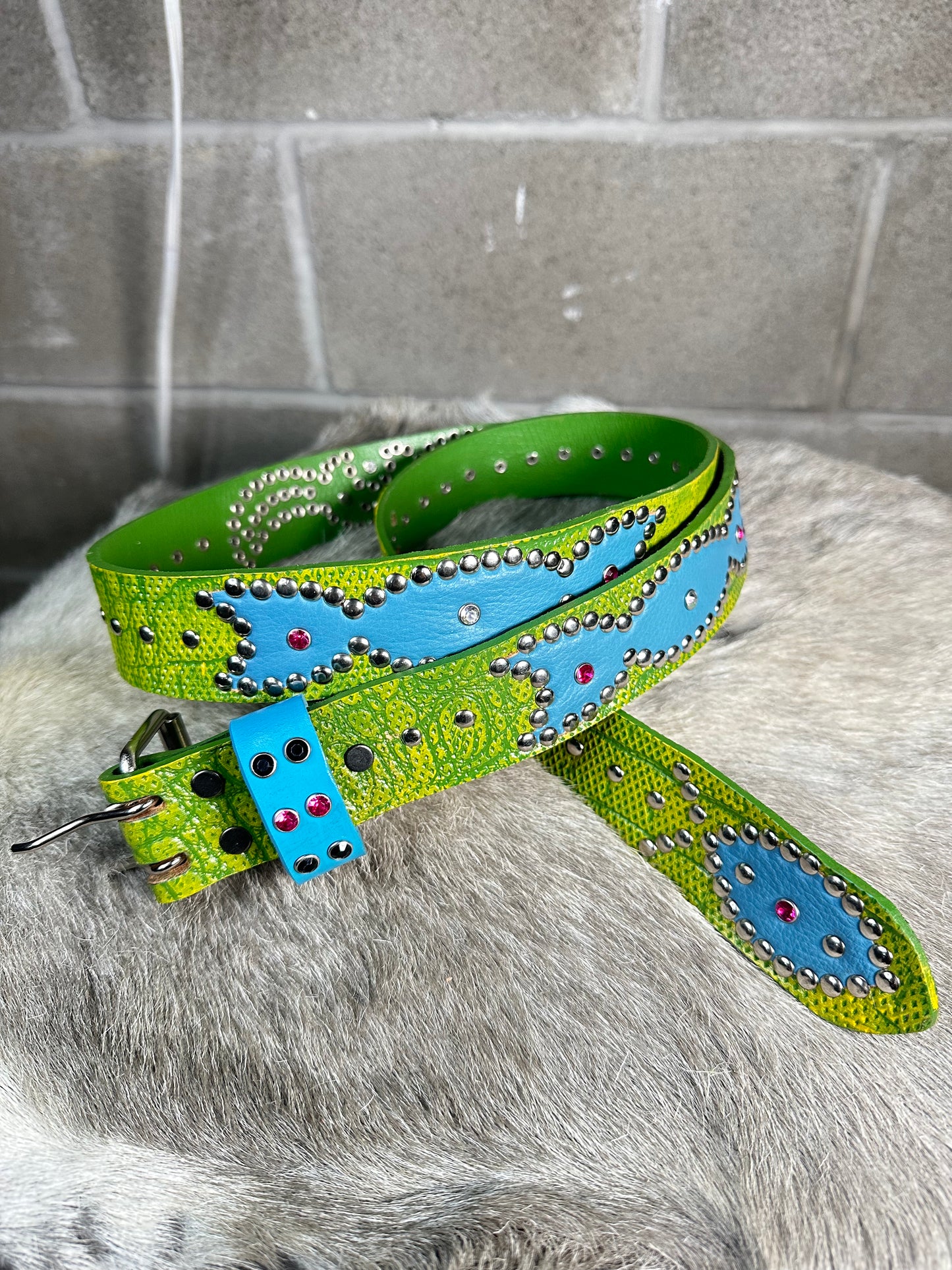 Croc Lime Green + Green Embossed Origins Belt (Sky Blue)