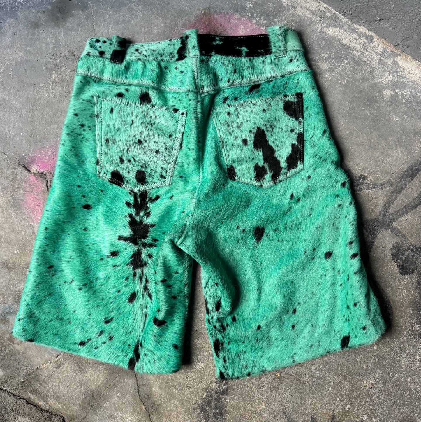 Turquoise Cowhide Shorts (black print)