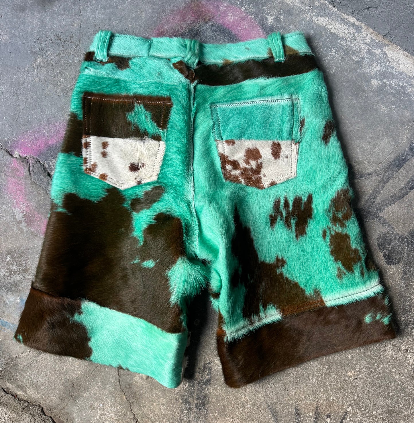 Turquoise Cowhide Shorts (+ natural print panels)