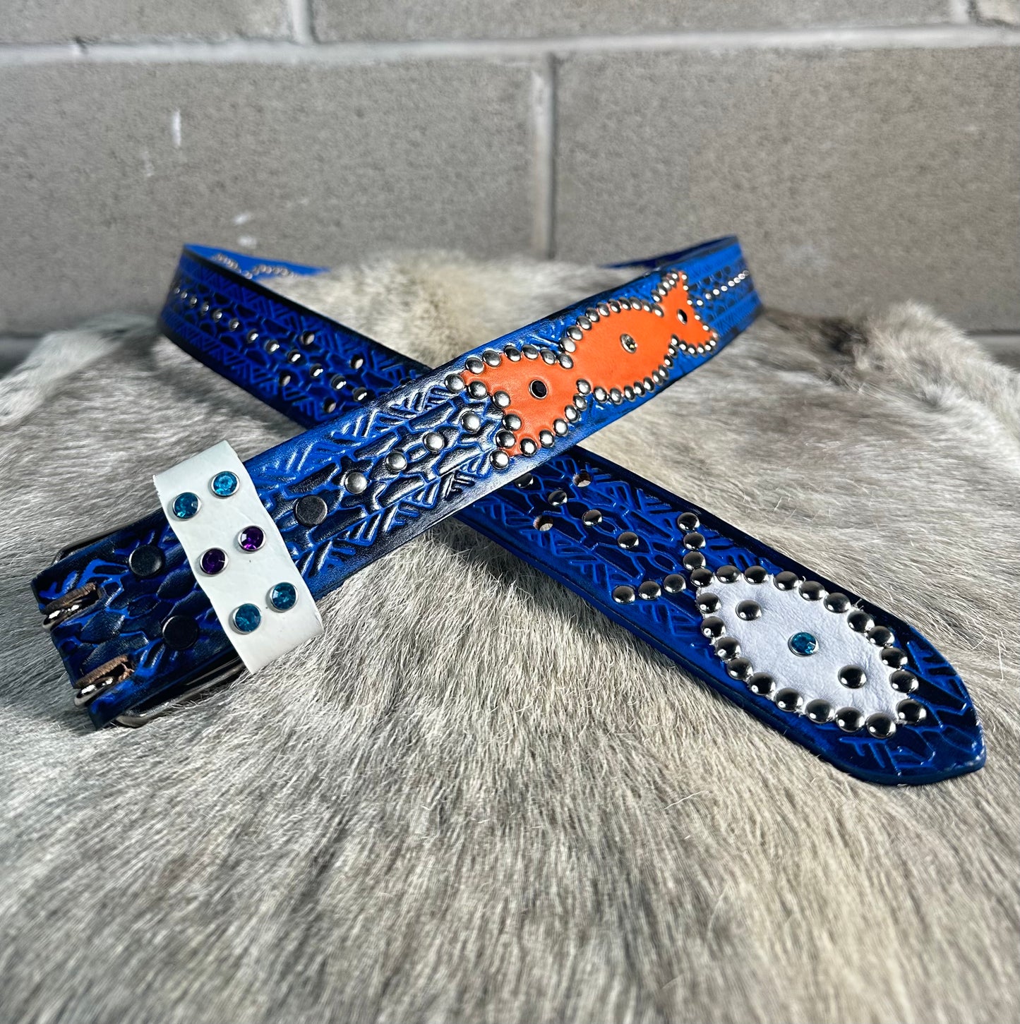 Traditional Black+Blue Embossed Origins Belt (white/orange)