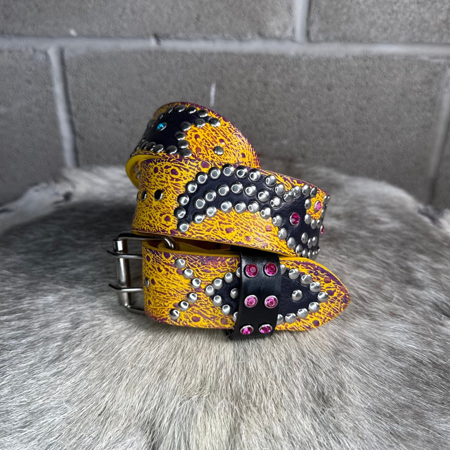Ostrich Yellow + Purple Embossed Origins Belt (black)