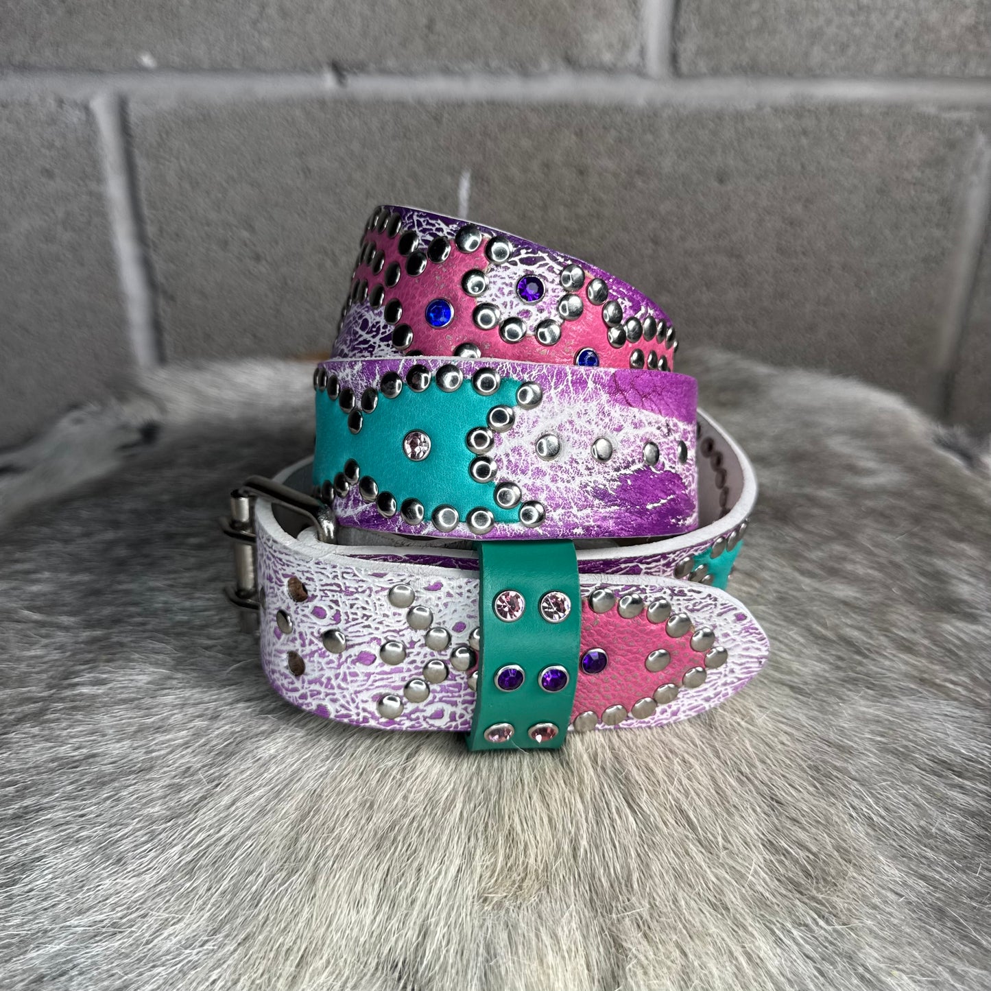 Ostrich White + Purple Embossed Origins Belt (turquoise)