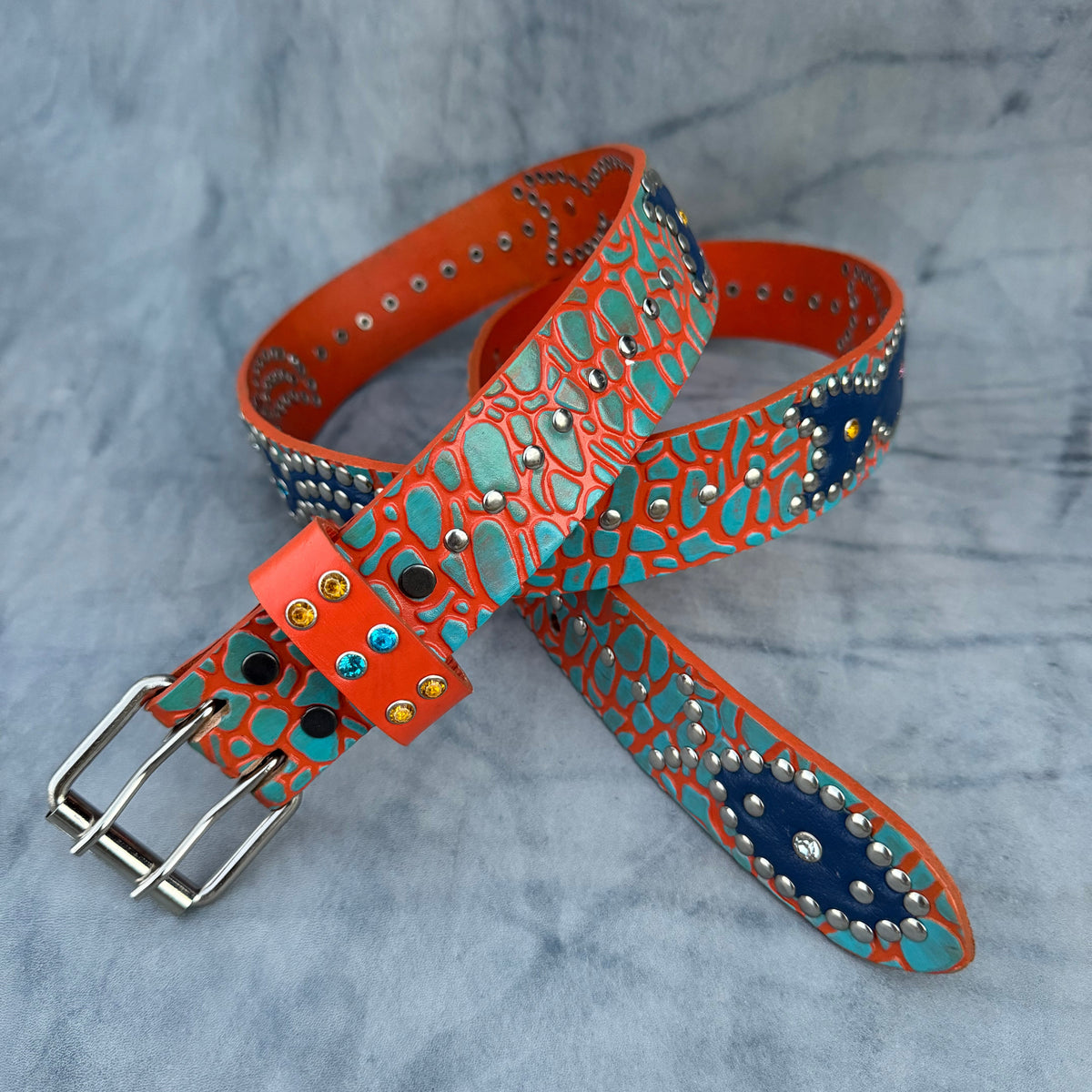 Elephant orange + sky blue Embossed Origins Belt (navy blue)