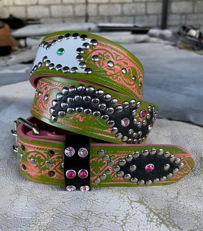 Traditional pink + Olive Green Embossed Origins Belt (white/black)