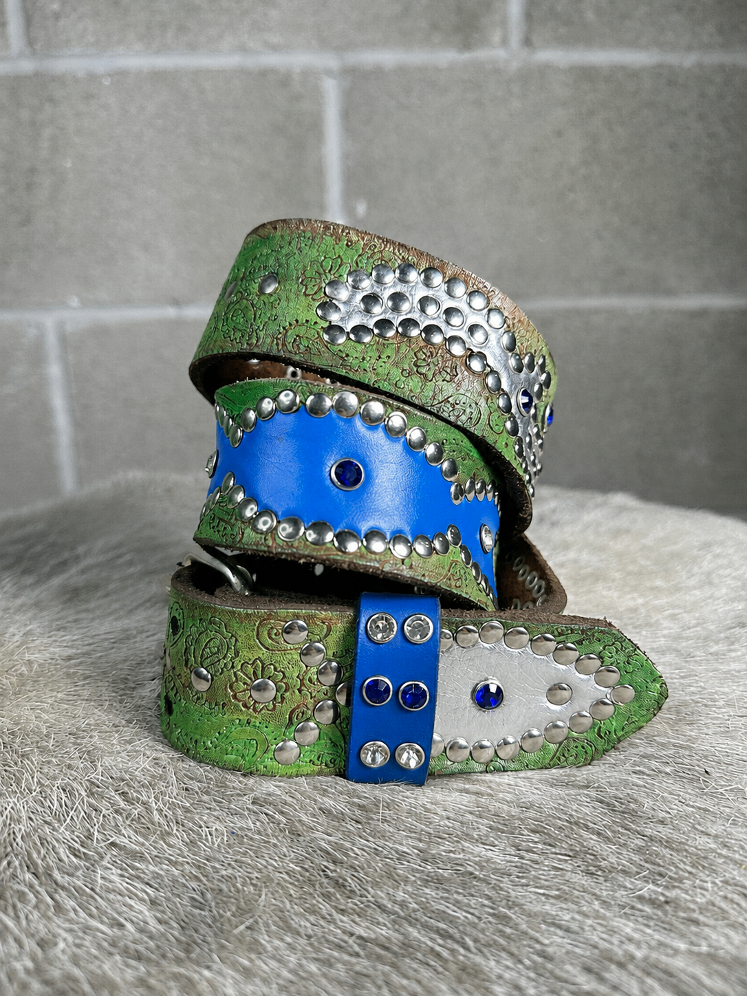 Paisley Green + Brown  Embossed Origins Belt (Blue and Silver)
