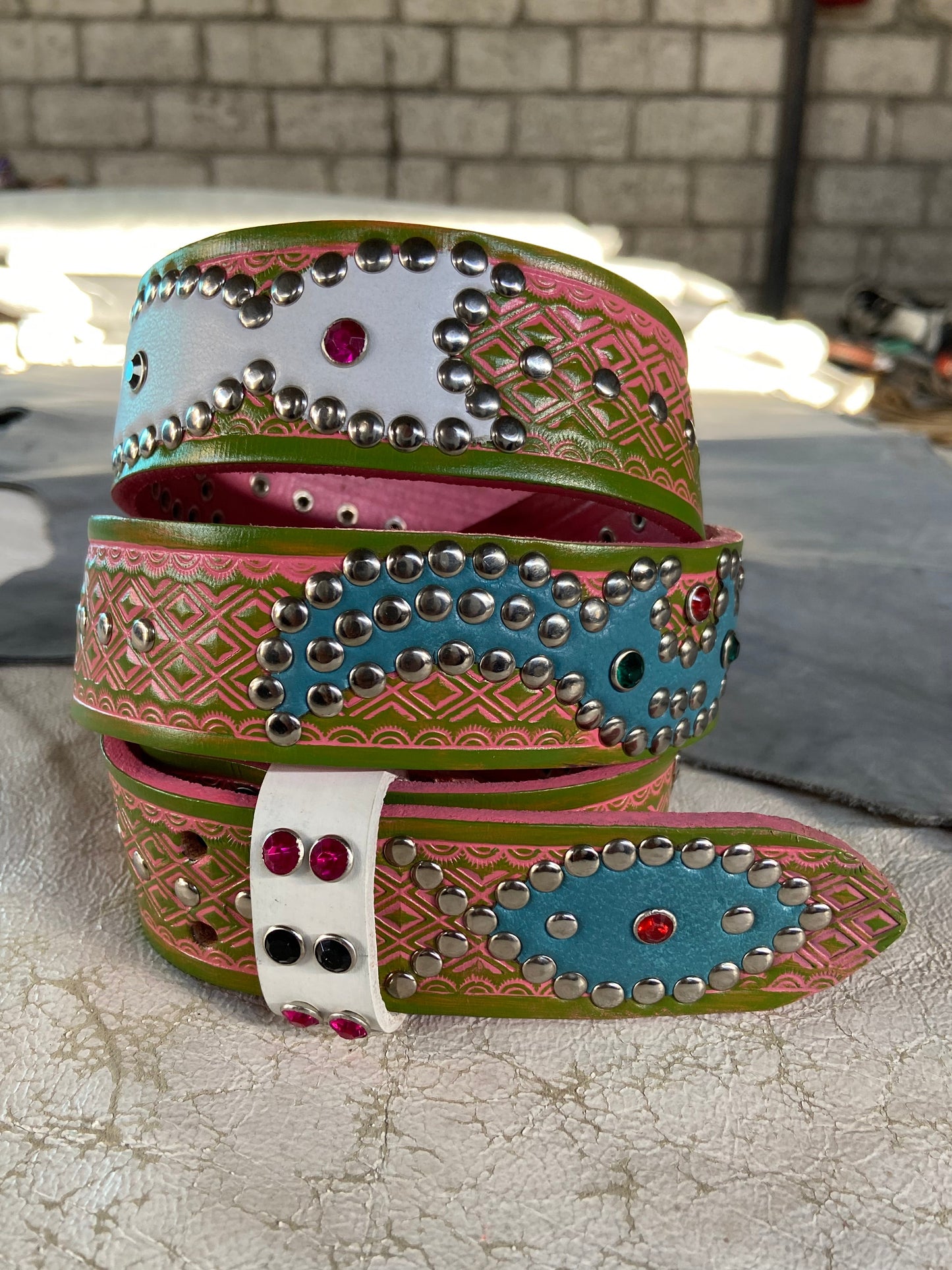 Traditional pink + Olive Green Embossed Origins Belt (white/sky blue)