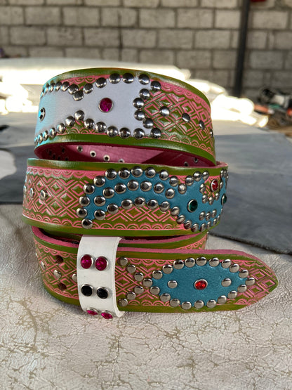 Traditional pink + Olive Green Embossed Origins Belt (white/sky blue)