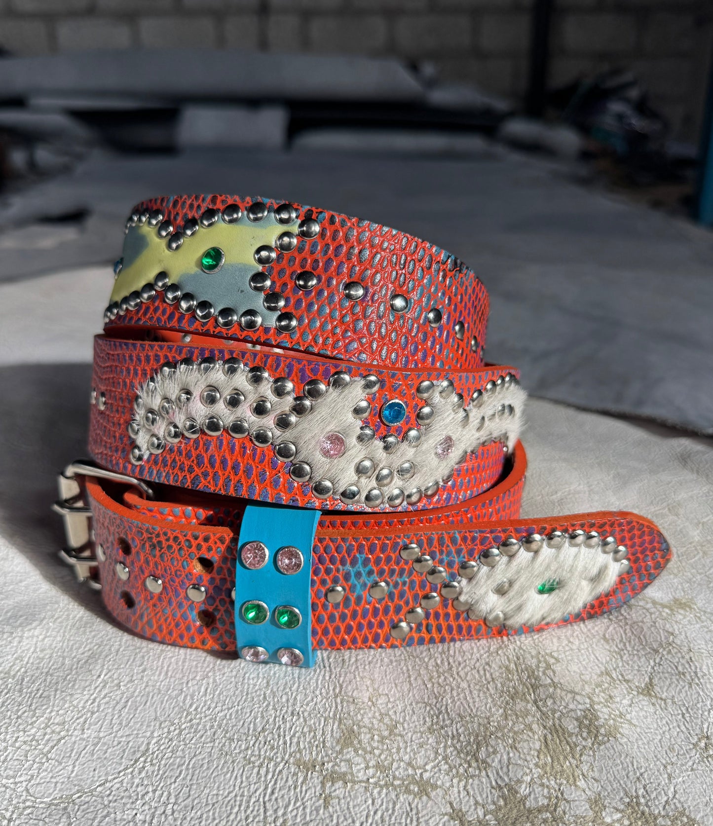 Python Orange + black/purple/sky blue Embossed Origins Belt (cheetah/cowhide)