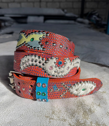 Python Orange + black/purple/sky blue Embossed Origins Belt (cheetah/cowhide)