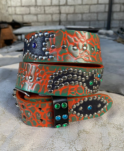 Elephant orange + turquoise Embossed Origins Belt (black)