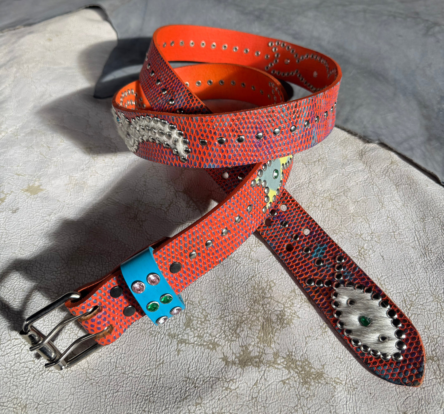Python Orange + black/purple/sky blue Embossed Origins Belt (cheetah/cowhide)