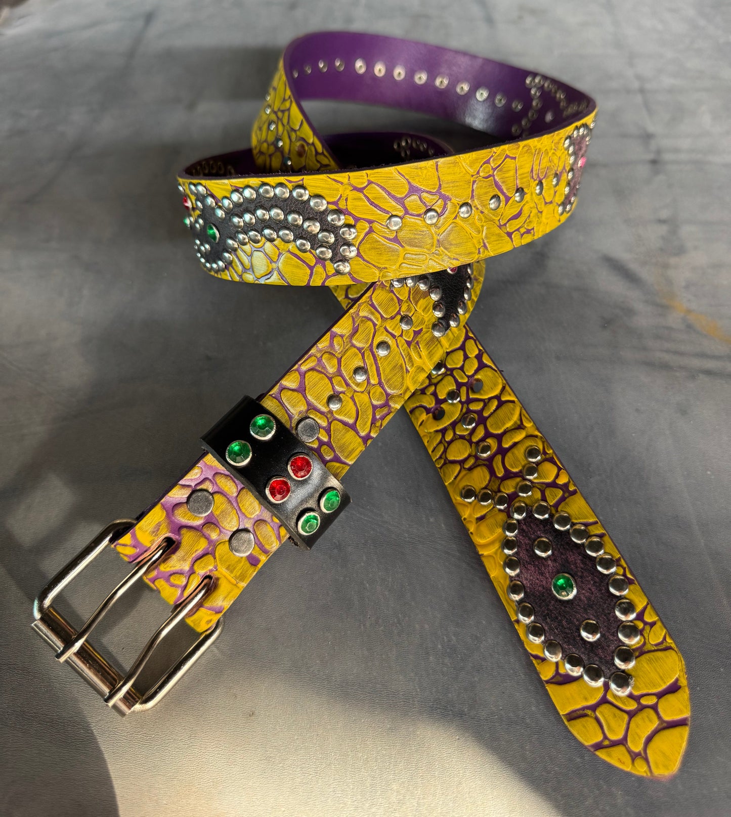 Elephant purple + yellow Embossed Origins Belt (distressed black/pink)