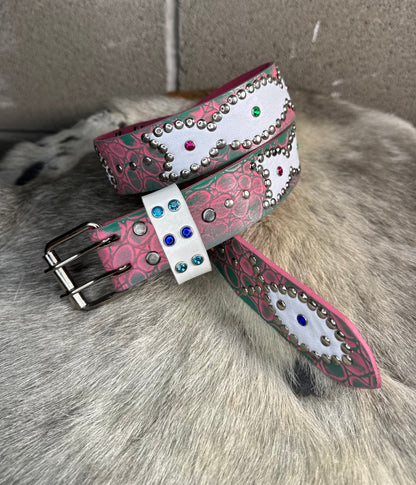Croc Pink + Turquoise Embossed Origins Belt (white)