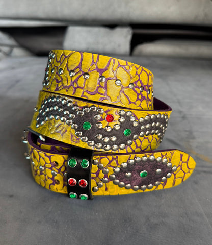 Elephant purple + yellow Embossed Origins Belt (distressed black/pink)