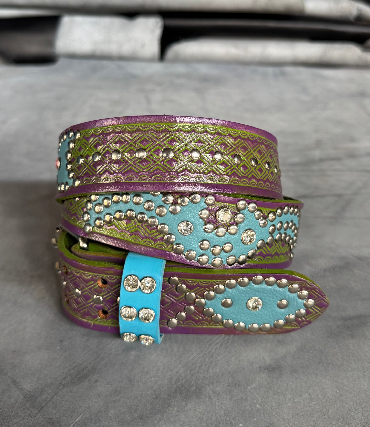 Traditional green + purple Embossed Origins Belt (sky blue)