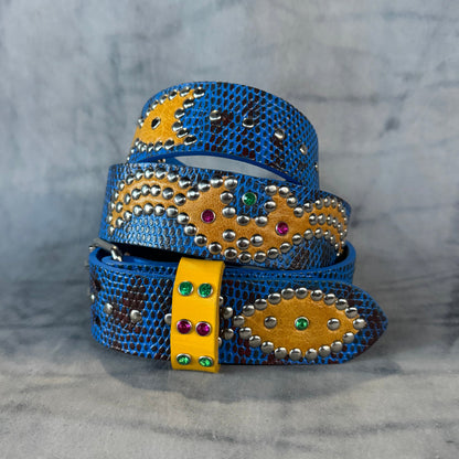 Python blue +  burgundy Embossed Origins Belt (waxed yellow)