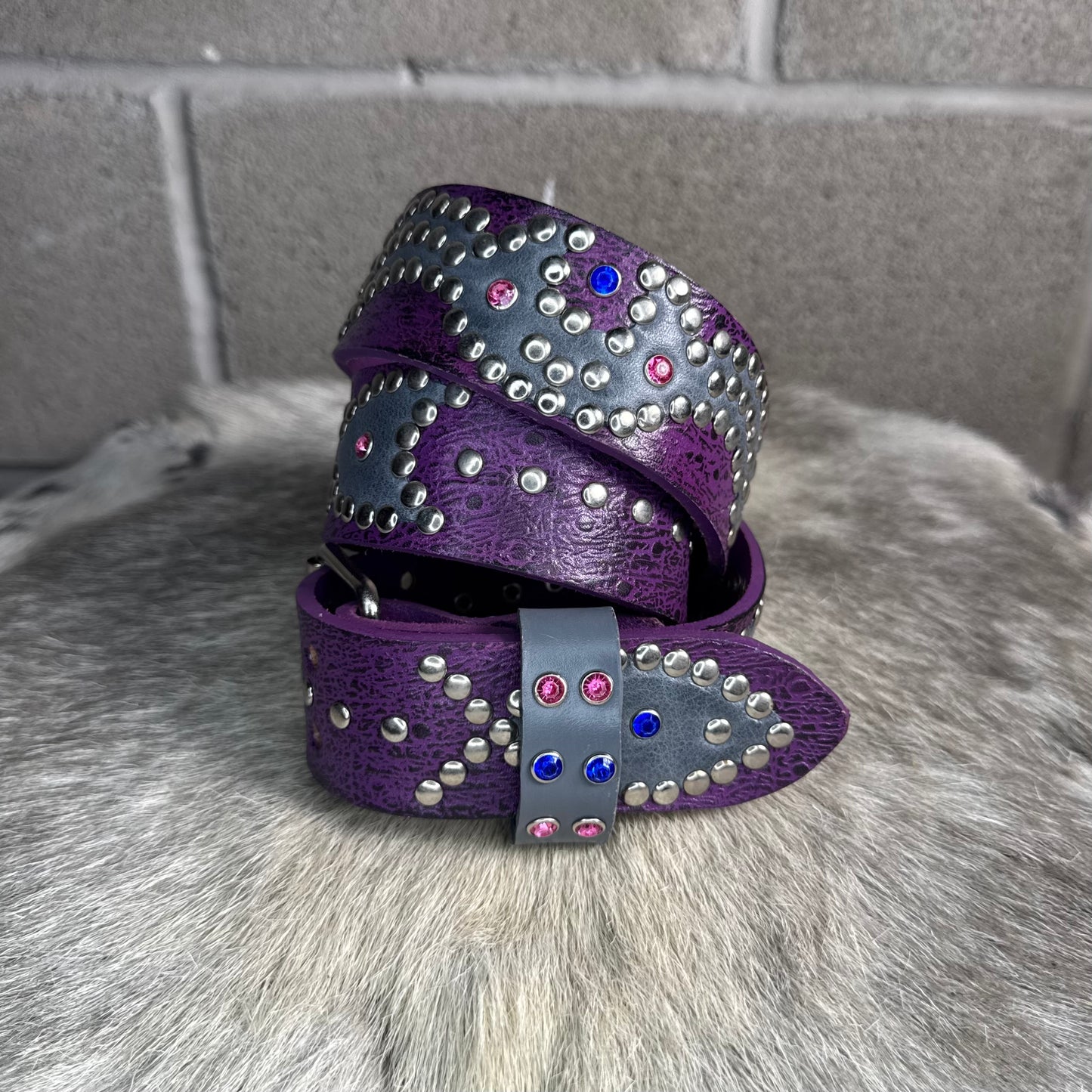 Ostrich Purple + Black Embossed Origins Belt (waxed grey)