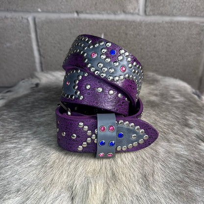 Ostrich Purple + Black Embossed Origins Belt (waxed grey)