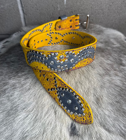 Ostrich Yellow + Purple Embossed Origins Belt (grey)