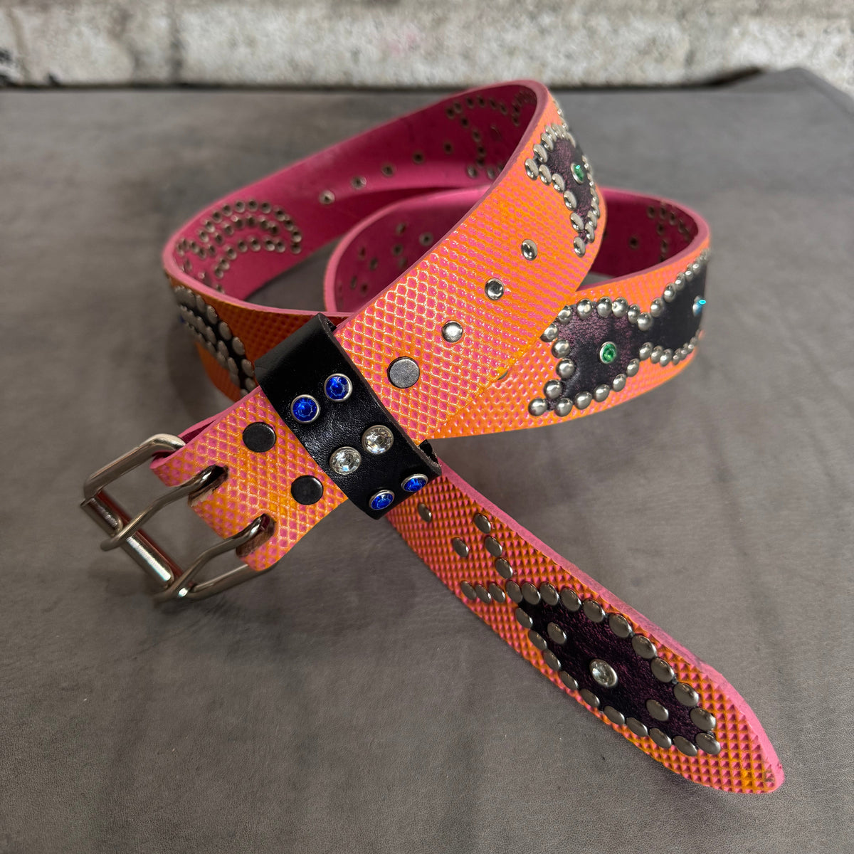 Traditional Pink + yellow Embossed Origins Belt (pink/black distressed)