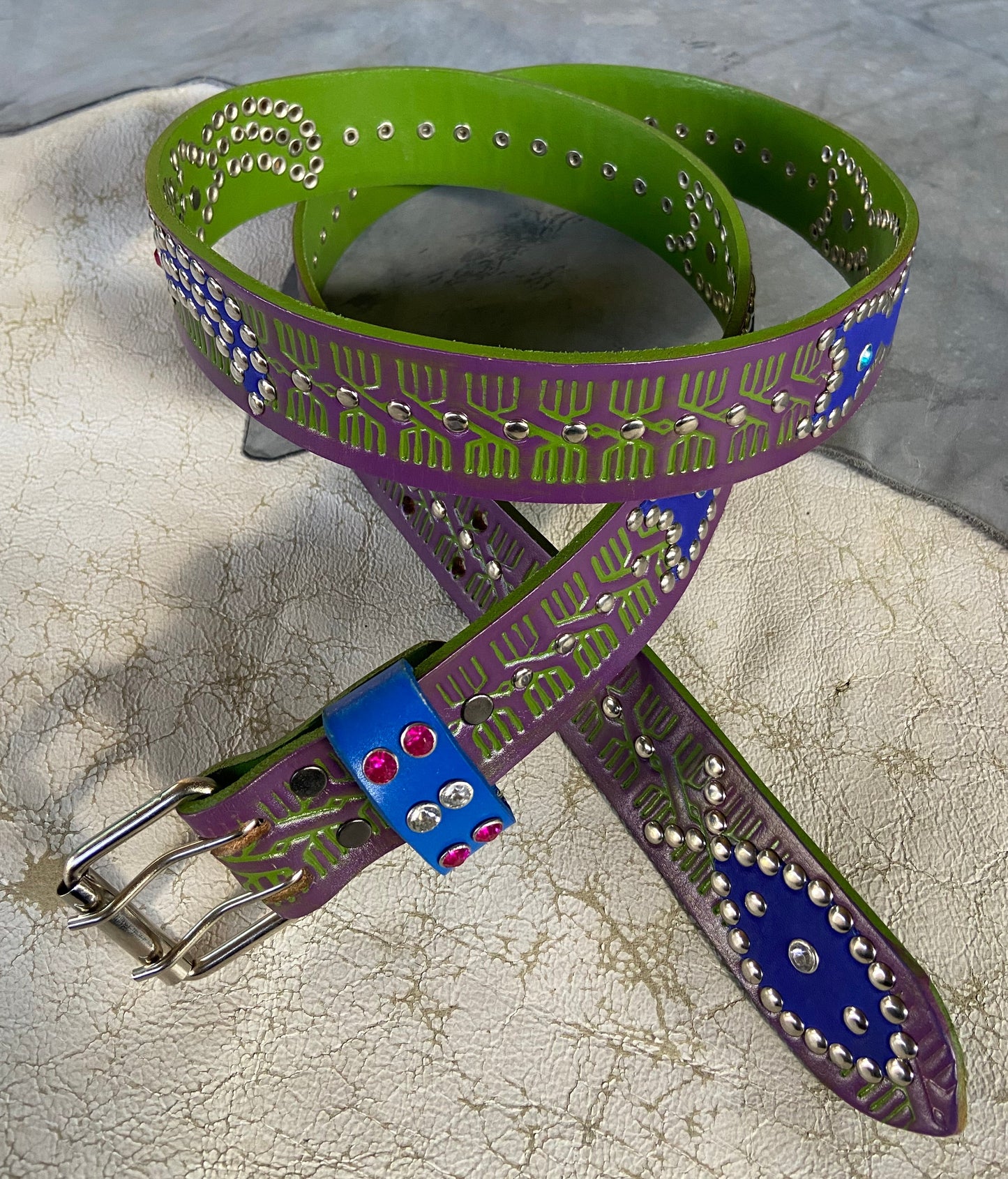 Traditional green + purple Embossed Origins Belt (blue)
