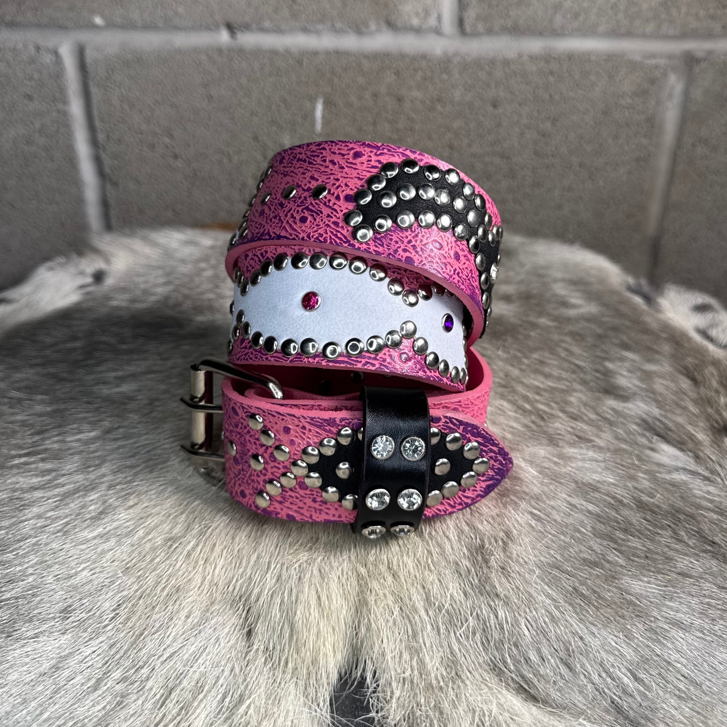 Ostrich Pink + Purple Embossed Origins Belt (black/white)