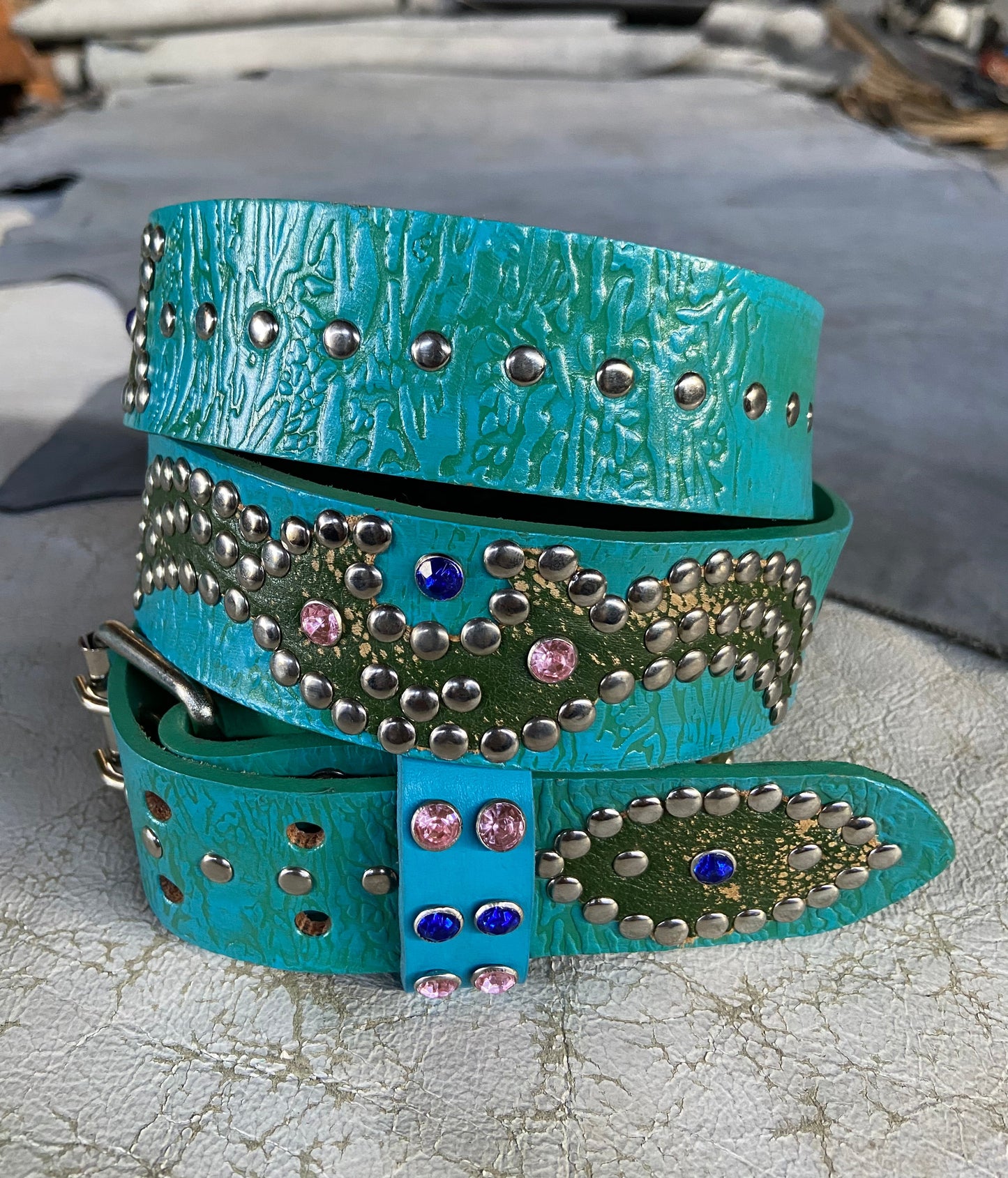 Reptile turquoise + sky blue Embossed Origins Belt (distressed green)