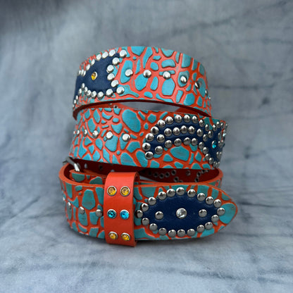 Elephant orange + sky blue Embossed Origins Belt (navy blue)