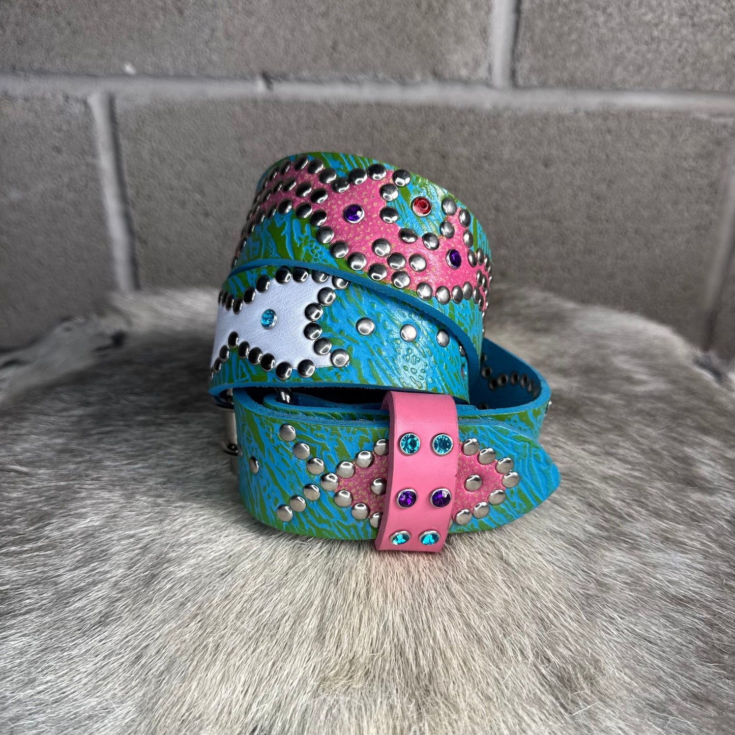 Reptile Sky Blue + Lime Green Embossed Origins Belt (white/pink)