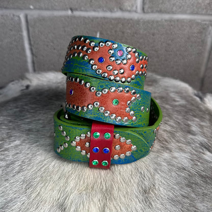 Ostrich Green + Blue Embossed Origins Belt (crystalized orange)