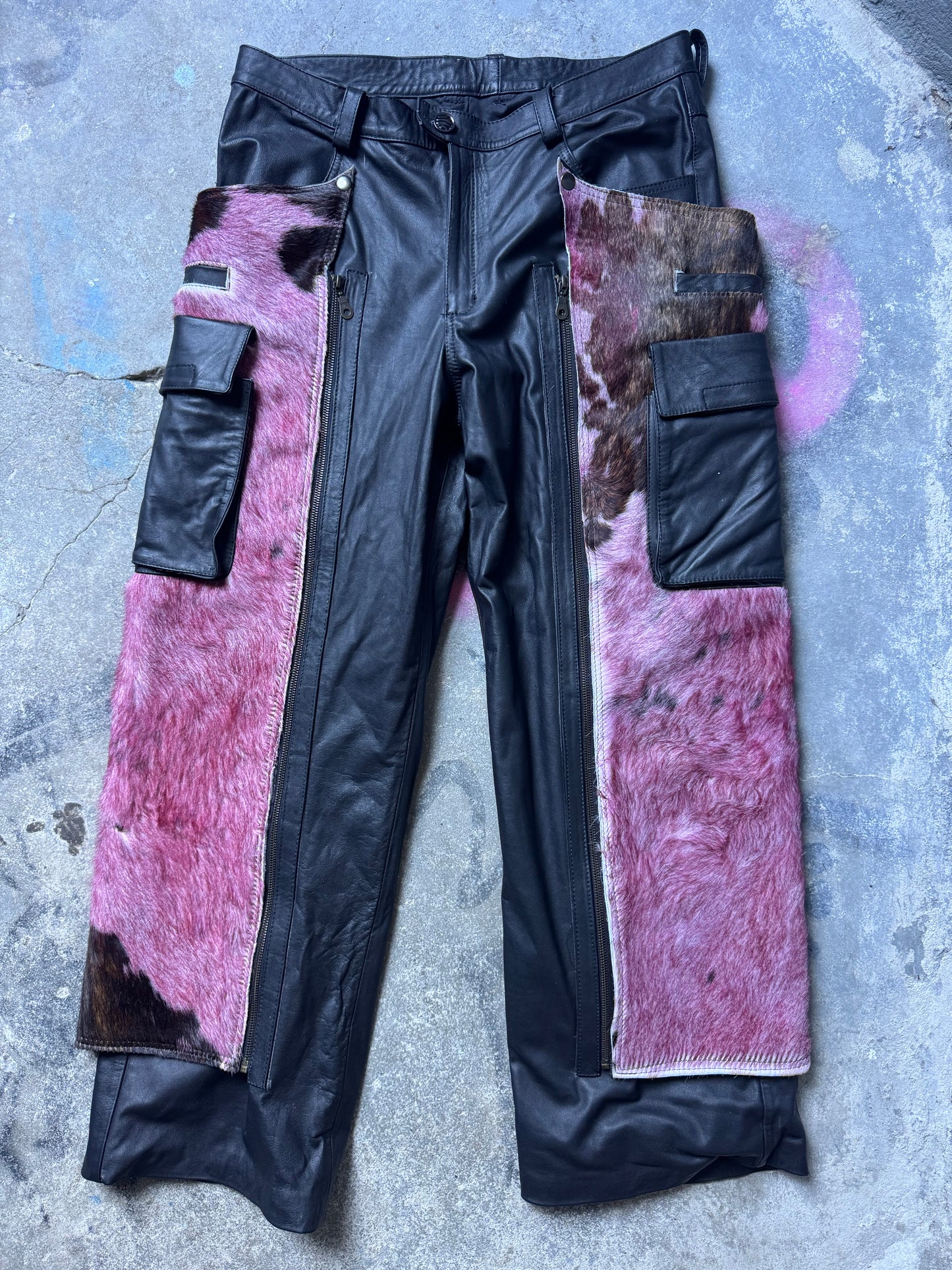 Pink cowhide cargo chaps