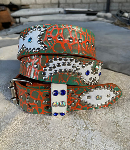 Elephant orange + turquoise Embossed Origins Belt (white)